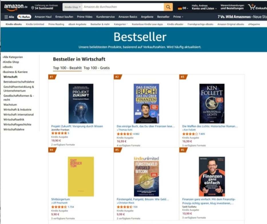 Bestseller in Wirtschaft Buch "Projekt Zukunft" auf Rang 1 Bestseller in Wirtschaft